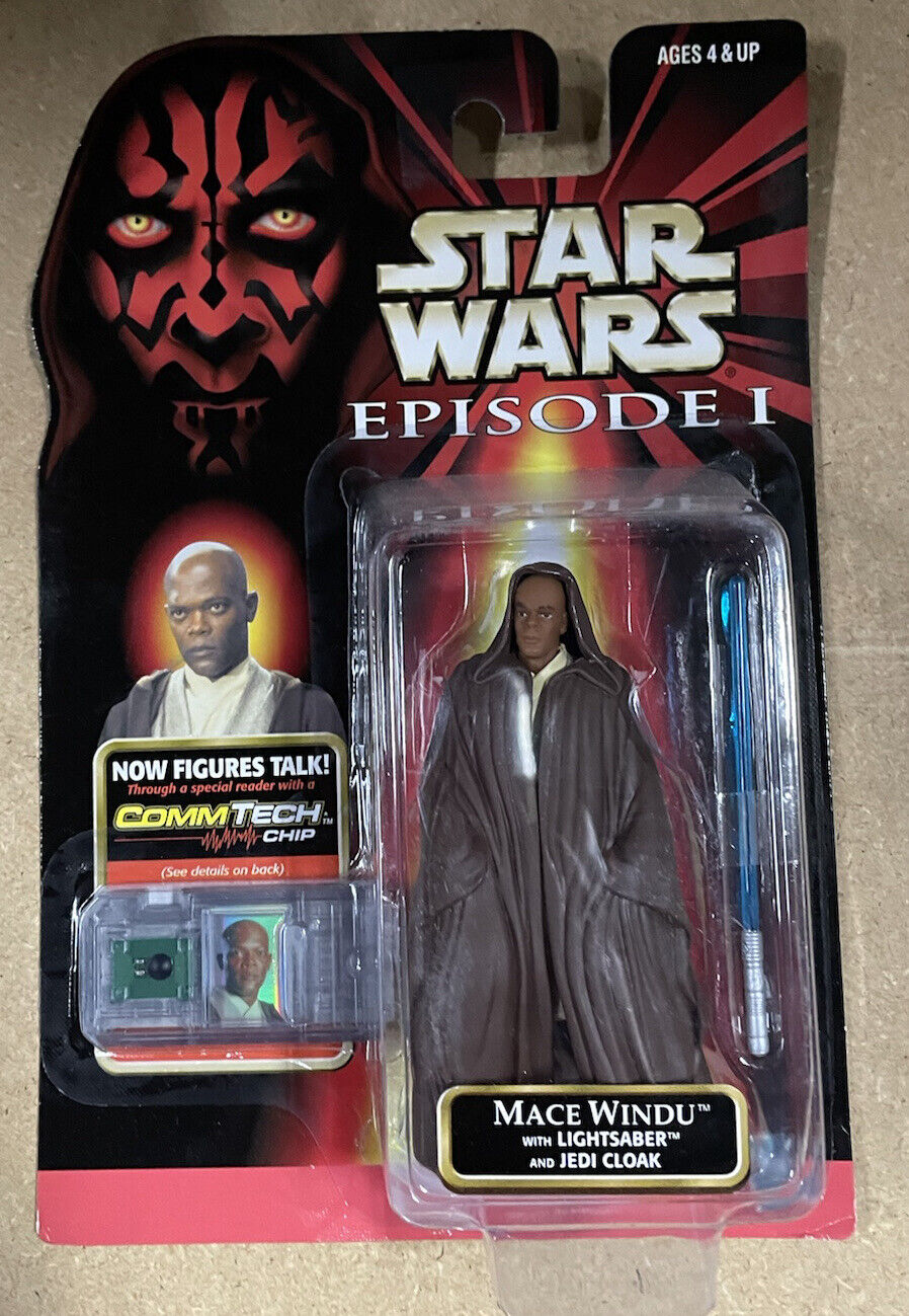 1998 Star Wars - Episode 1 Mace Windu Lightsaber Jedi Cloak Comm Tech Chip NOS 