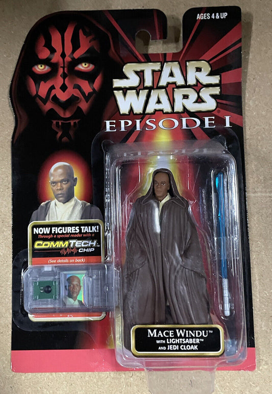 1998 Star Wars - Episode 1 Mace Windu Lightsaber Jedi Cloak Comm Tech Chip NOS 