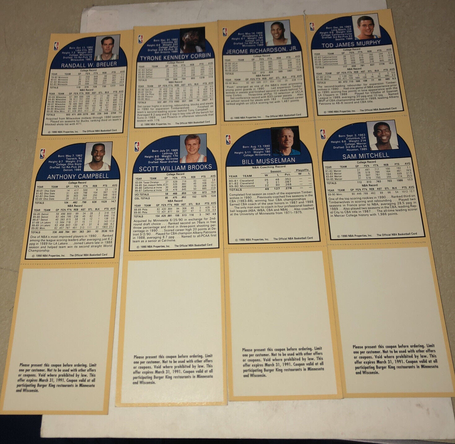 1990-91 MINNESOTA TIMBERWOLVES NBA HOOPS UNCUT SHEET 8-CARD TEAM Full SET