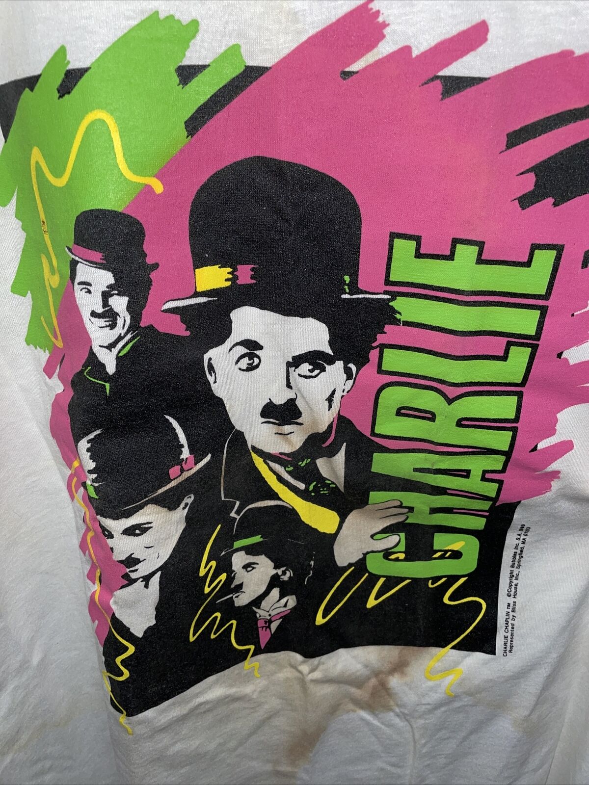 Vintage T Shirt - Charlie Chaplin 1989 Screen Stars Best Size XL White Pink