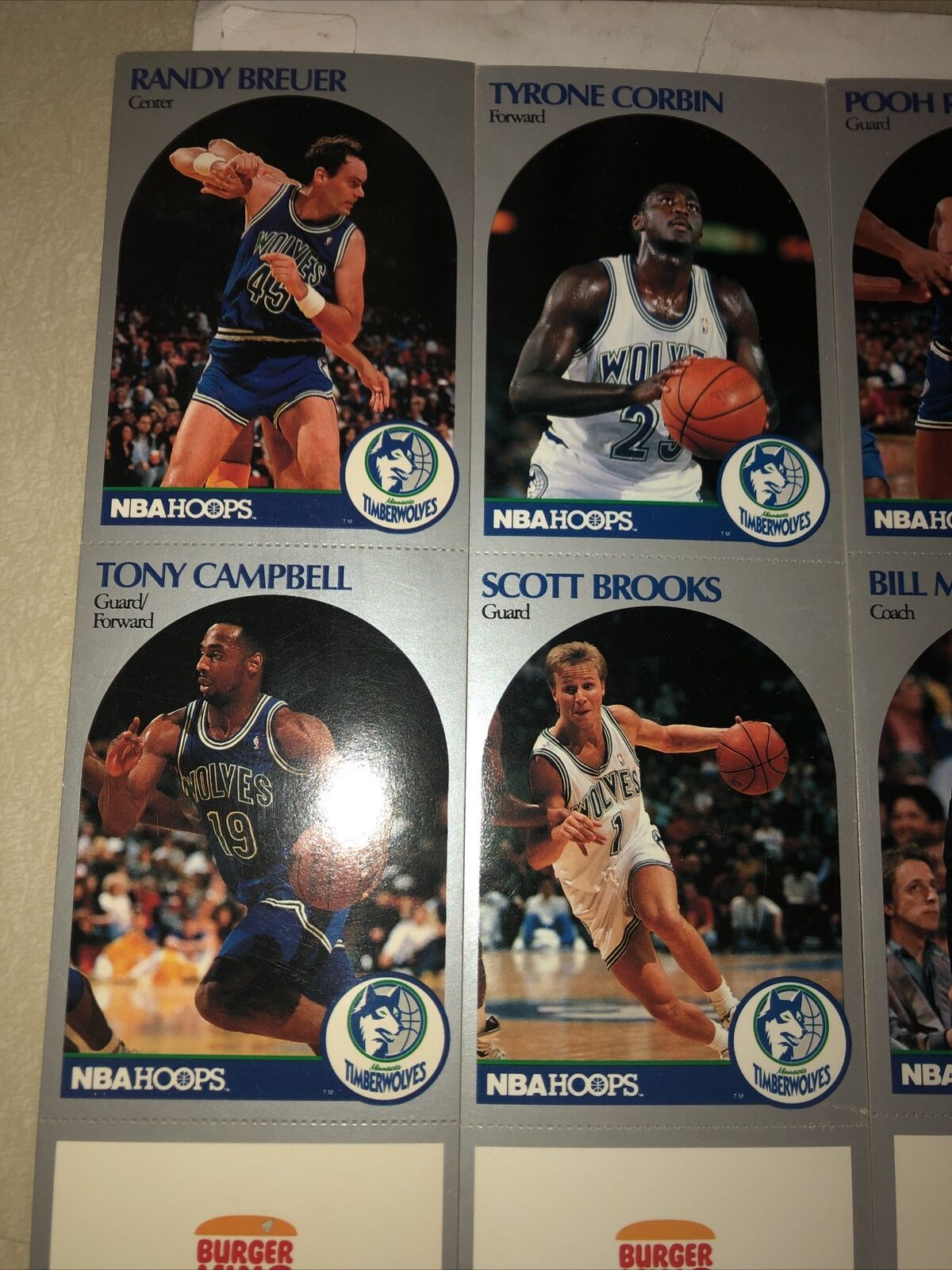 1990-91 MINNESOTA TIMBERWOLVES NBA HOOPS UNCUT SHEET 8-CARD TEAM Full SET