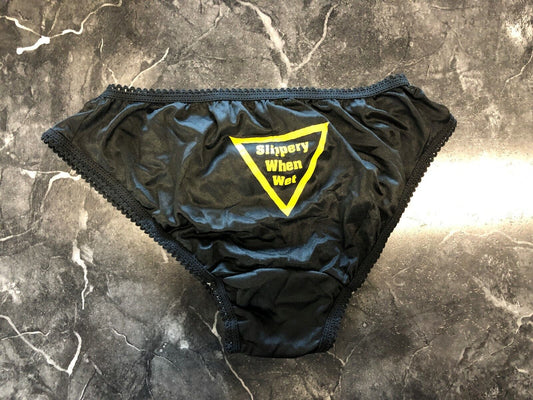 Vtg Black String Bikini Panties Sz 7 Slippery When Wet NOS Yellow Triangle Nylon