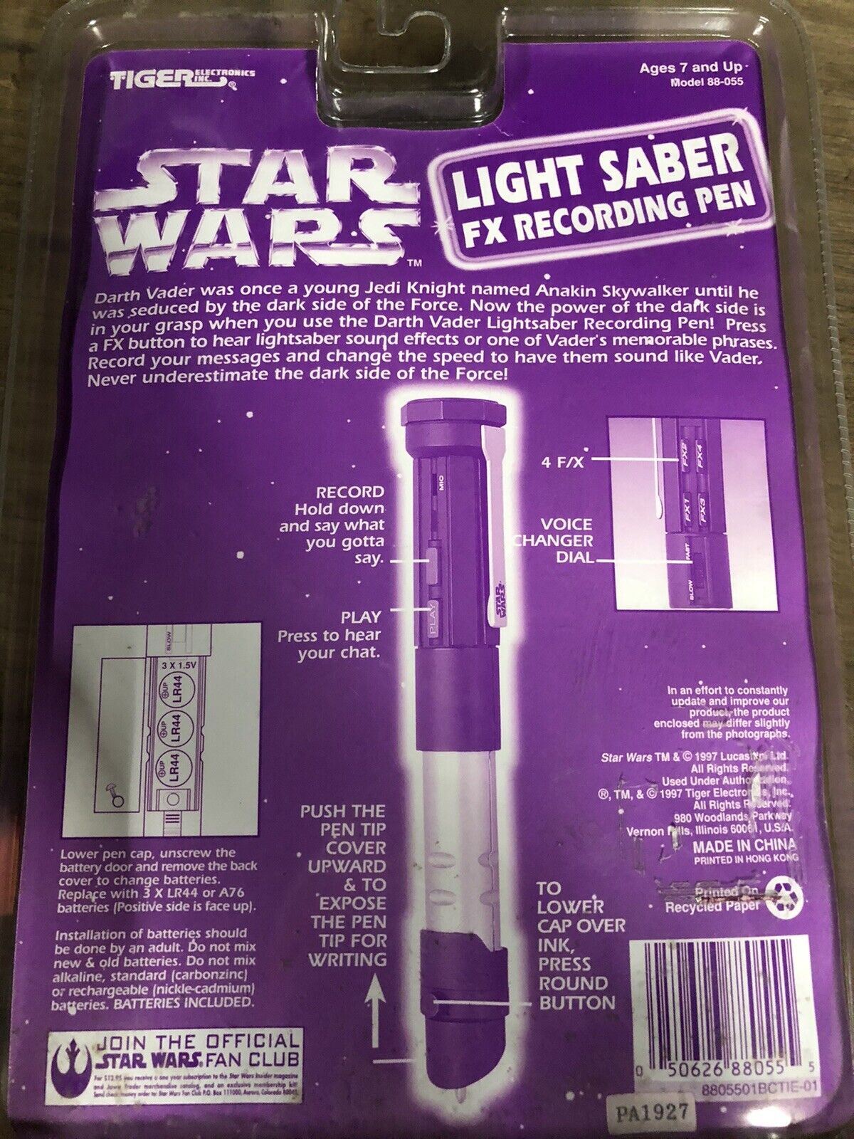 1997 STAR WARS Lightsaber FX Recording Pen, Darth Vader, Vintage 1997 Rare Tiger