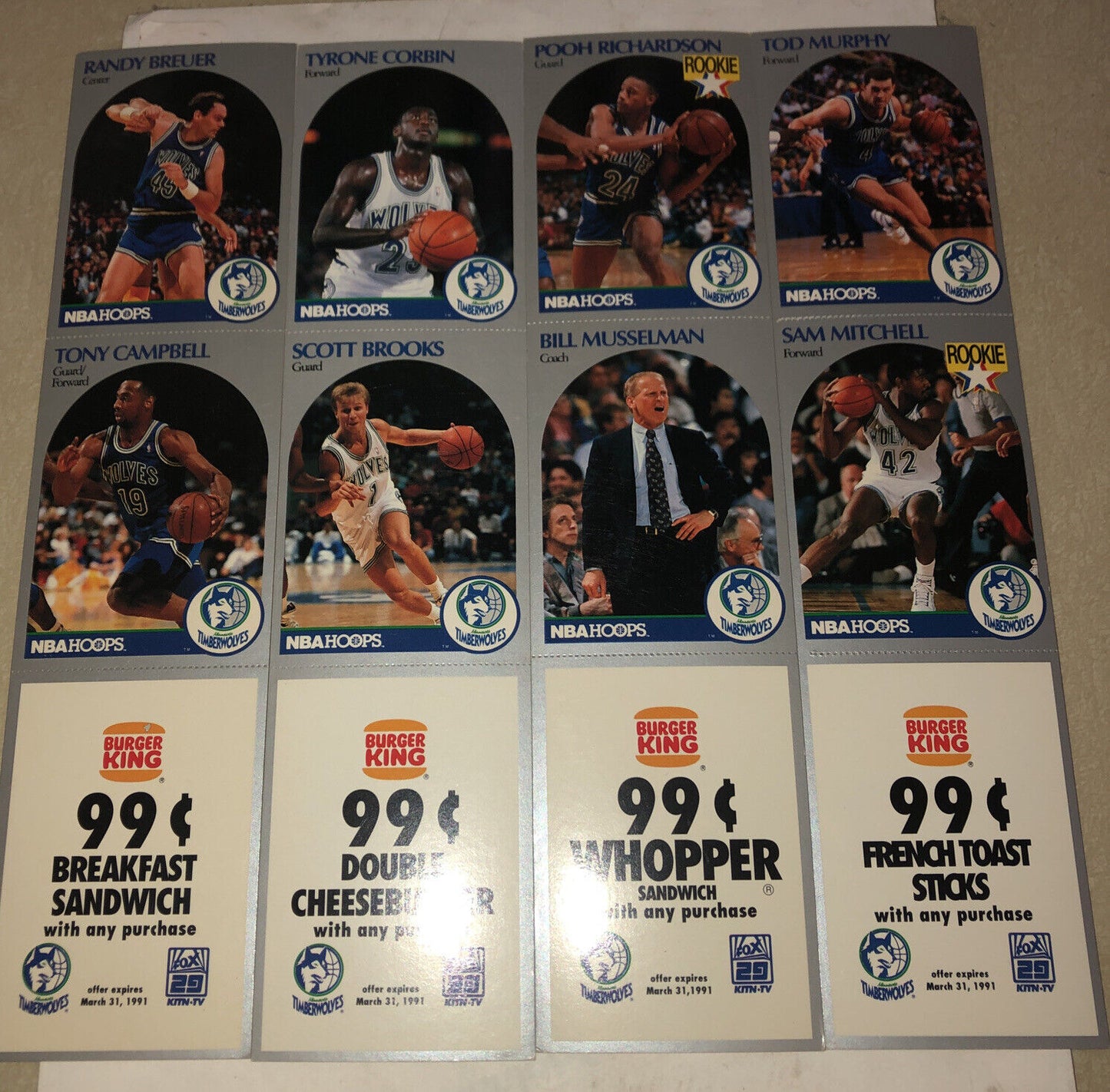 1990-91 MINNESOTA TIMBERWOLVES NBA HOOPS UNCUT SHEET 8-CARD TEAM Full SET