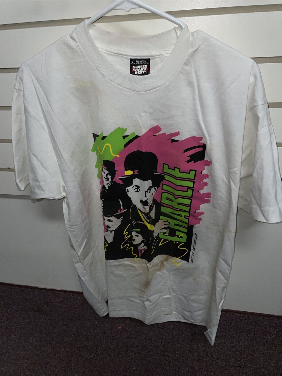 Vintage T Shirt - Charlie Chaplin 1989 Screen Stars Best Size XL White Pink