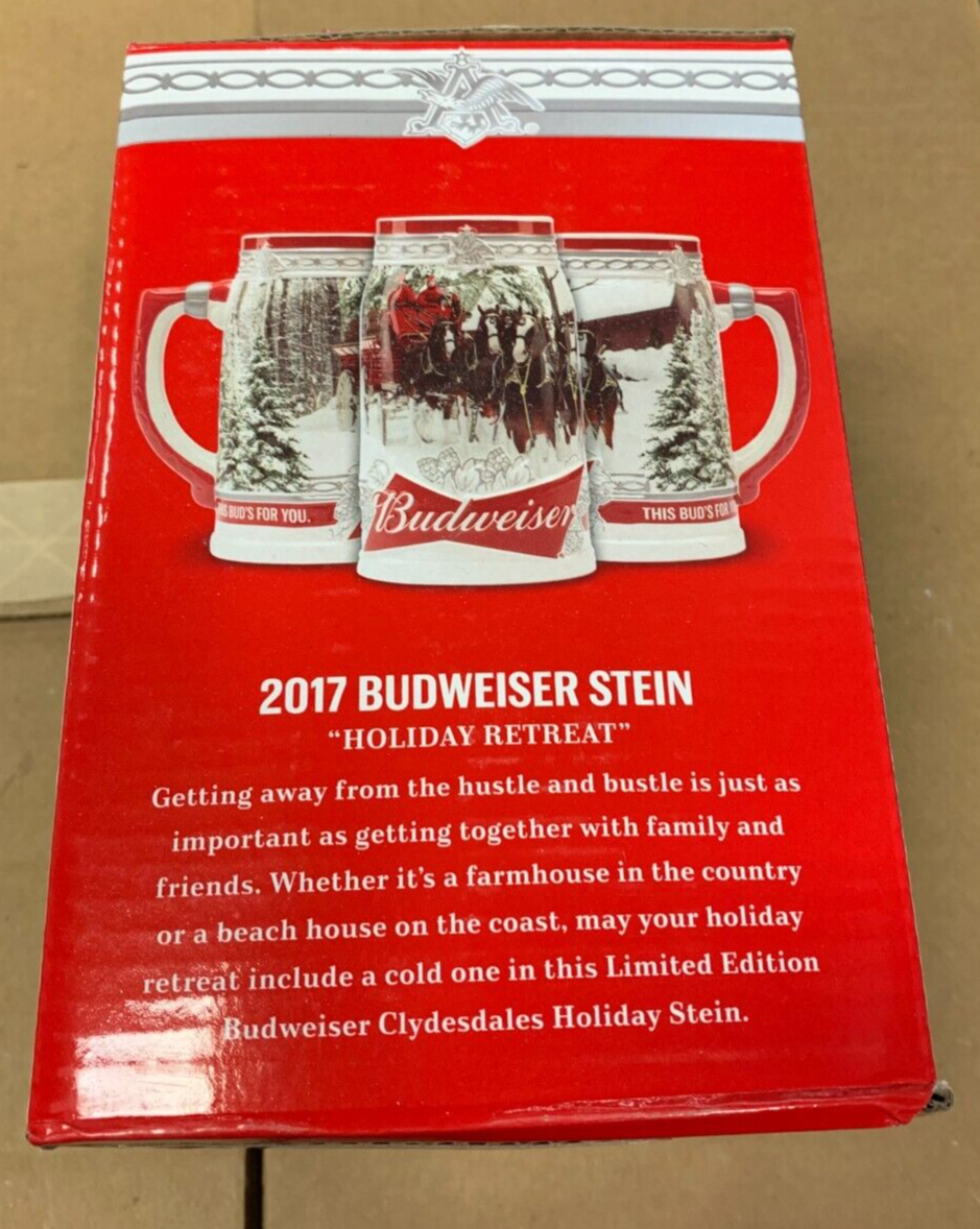 2017 Budweiser Holiday Stein "Holiday Retreat" NIB w/ COA Clydesdales Beer