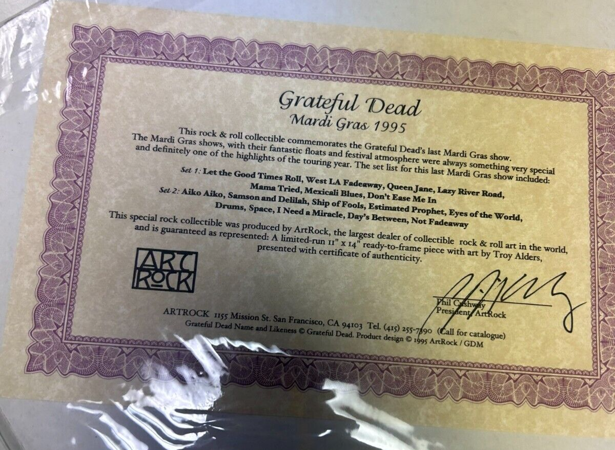 ART ROCK COLLECTIBLE Grateful Dead Last Mardi Gras Show 1995 W/ COA & Setlist