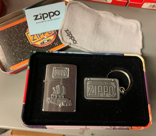 VINTAGE Zippo Boxed Set "Zippo Car" C98 W/ Keychain In Tin NIB Hot Rods 1998