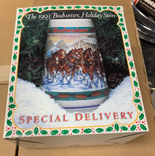 Budweiser 1993 Holiday Stein NIB "Special Delivery" w/ COA By Nora Koerber Beer