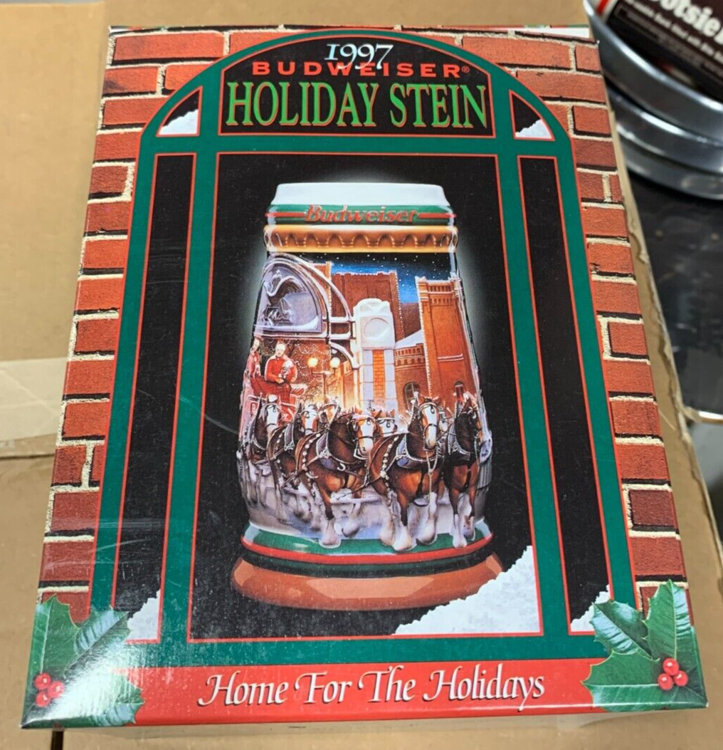 Budweiser 1997 Holiday Stein "Home For The Holidays" NIB w/ COA Clydesdales KOB