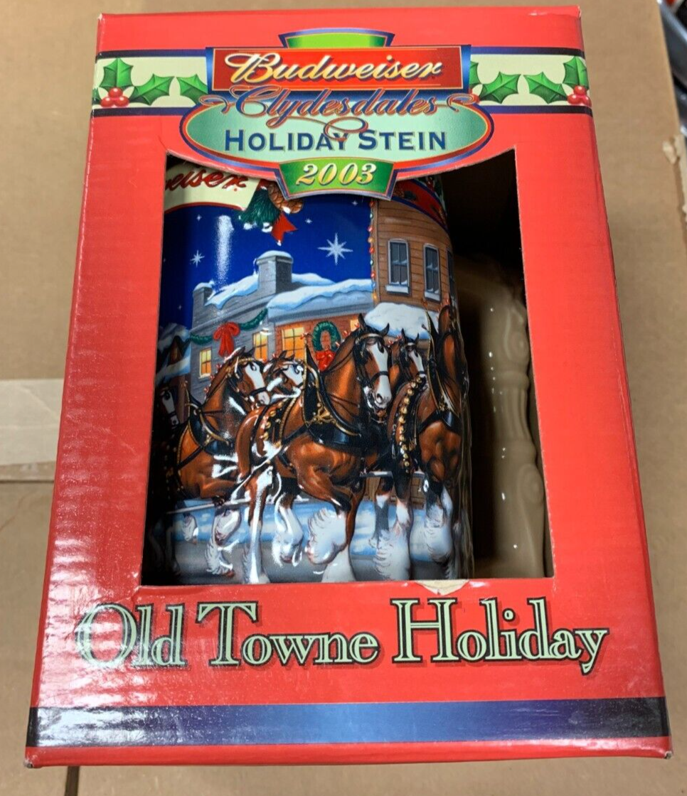 Budweiser 2003 Holiday Stein "Old Towne Holiday" NIB w/ COA Clydesdales KOB