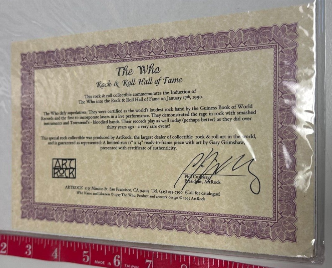 ART ROCK COLLECTIBLE The Who Rock N Roll Hall Of Fame Induction W/ COA 1990