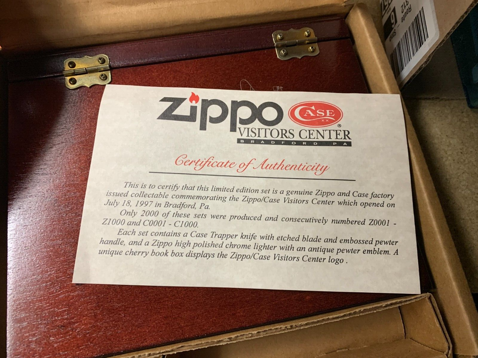 VINTAGE ZIPPO BOX SET Visitors Center W/ COA 1997 Knife Not Included Bradford
